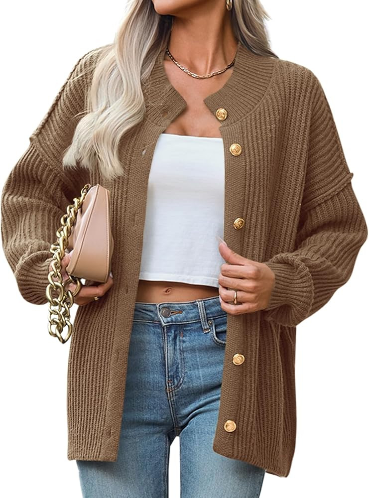 Saodimallsu Womens Button Down Cardigan Sweaters Oversized Lantern Sleeve Knit Jacket Winter Mock... | Amazon (US)