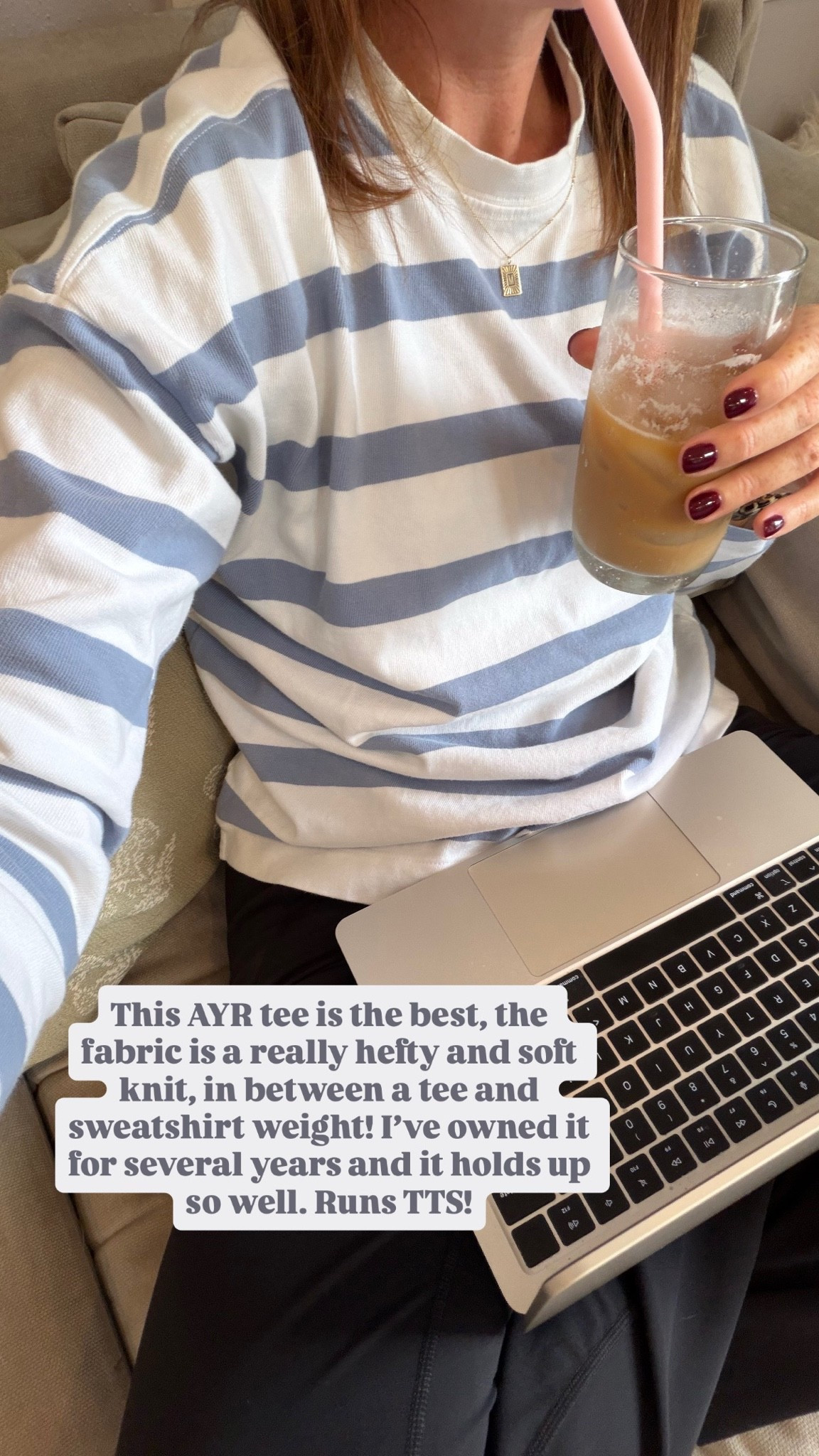 This AYR tee is the best, the fabric is a really hefty and soft knit, in between a tee and sweatshirt weight! I've owned it for several years and it holds up so well. Runs TTS!