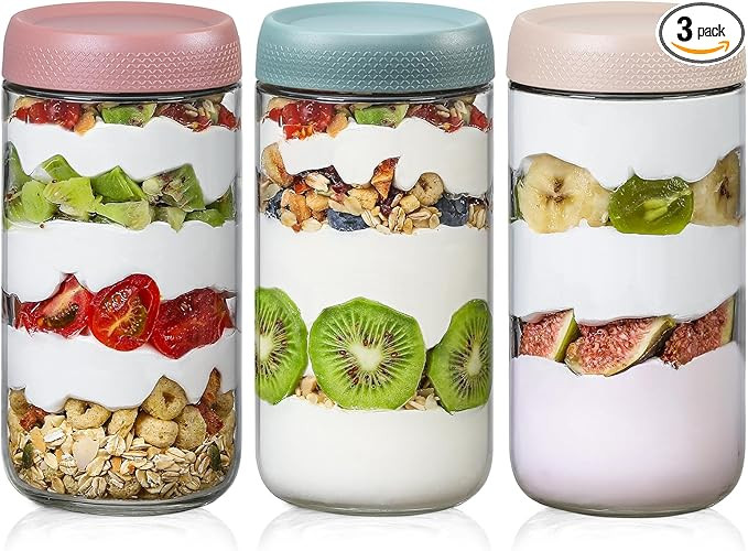 NETANY 3-pack 24oz Glass jars with Airtight Lids, Overnight Oats Containers with Lids, Wide mouth... | Amazon (US)