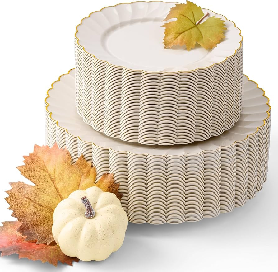 By Madee HEAVYWEIGHT 100 Pc Thanksgiving Plastic Plates for Party – Ivory Scalloped Plates with... | Amazon (US)