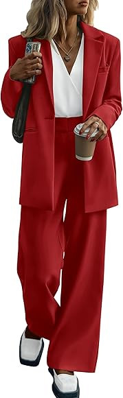 PRETTYGARDEN Women's 2023 Fall Two Piece Outfits Blazer Jacket and Wide Leg Pants Pockets Busines... | Amazon (US)