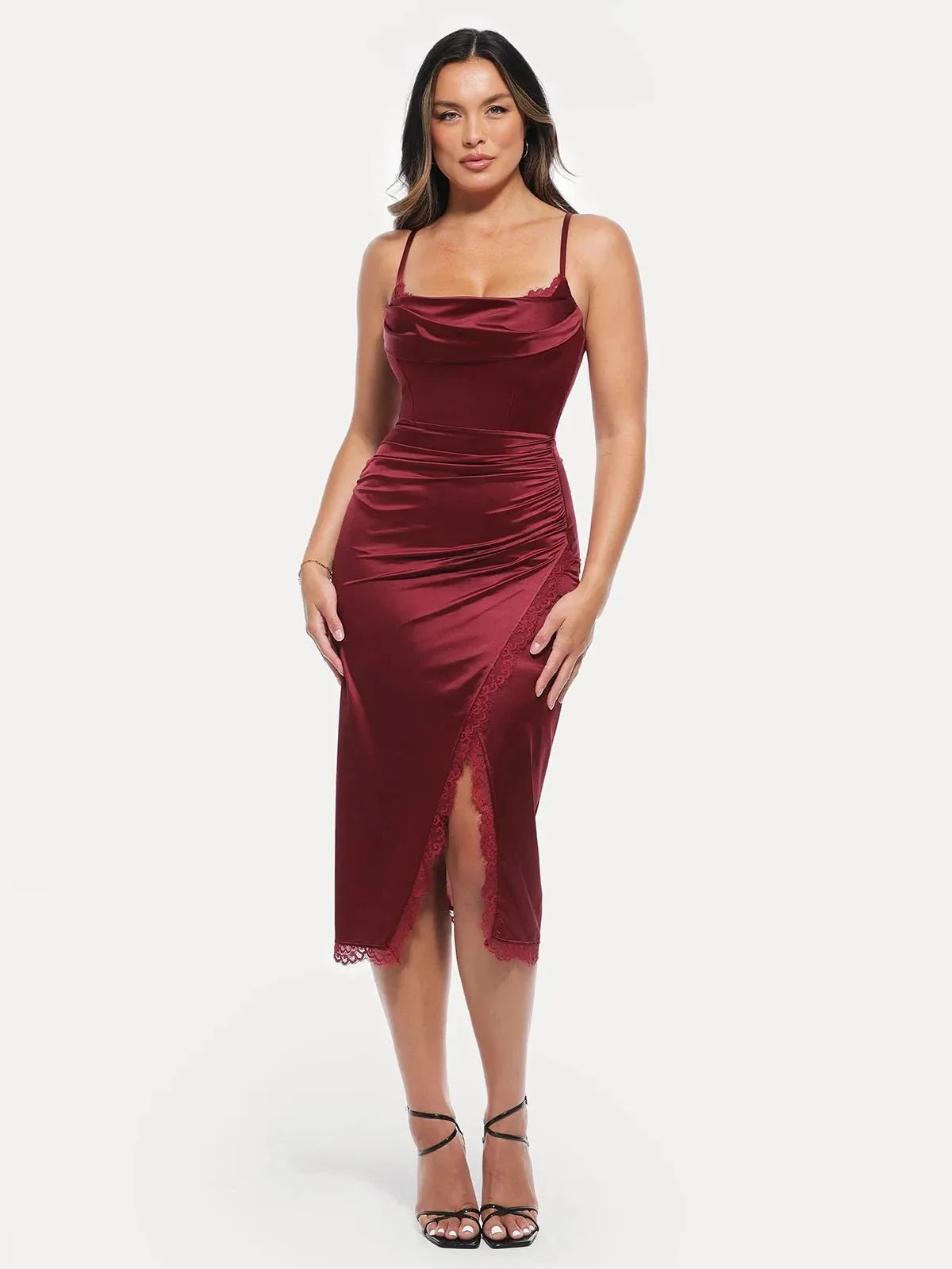 Lace Trim Sculpting Floral-Print Midi Dress Red / 3XL | Popilush