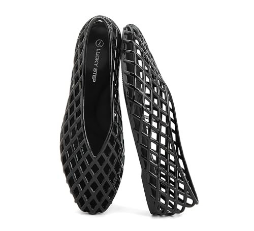 LUCKY STEP Women's Jelly Ballet Flats Mesh Casual Comfortable Jellies Shoes Clear Hollow Breathable Sandals(10 M US Black) | Amazon (US)