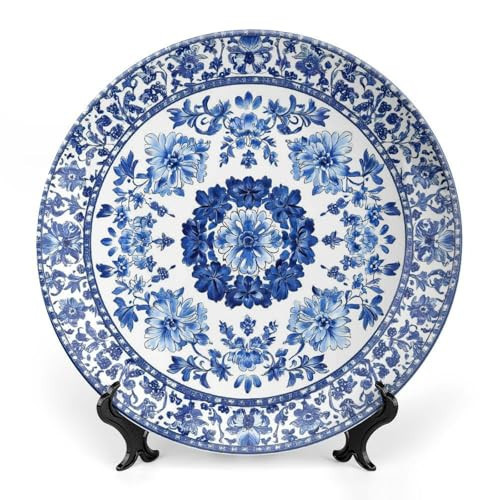 Blue Ceramic Decorative Plate, Blue And White Pottery Decorative Dish with Stand, Chinese Blue And White Porcelain Bone China Decorative Plates Art Porcelain Plate for Living Room Hallway Table Decor | Amazon (US)