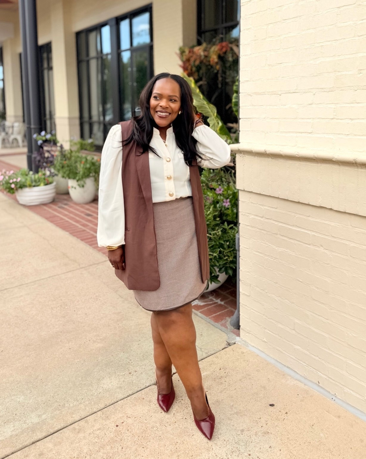 Tuesday Workwear OOTD for the first official day of Fall 🍂 You are going to love this faux leather trim plaid skirt from LOFT! I kept the size 14 for the extra length. And wearing a large in the blouse and the brown vest from Nordstrom Rack. 🤎

#LTKootd #LTKSaleAlert #LTKWorkwear