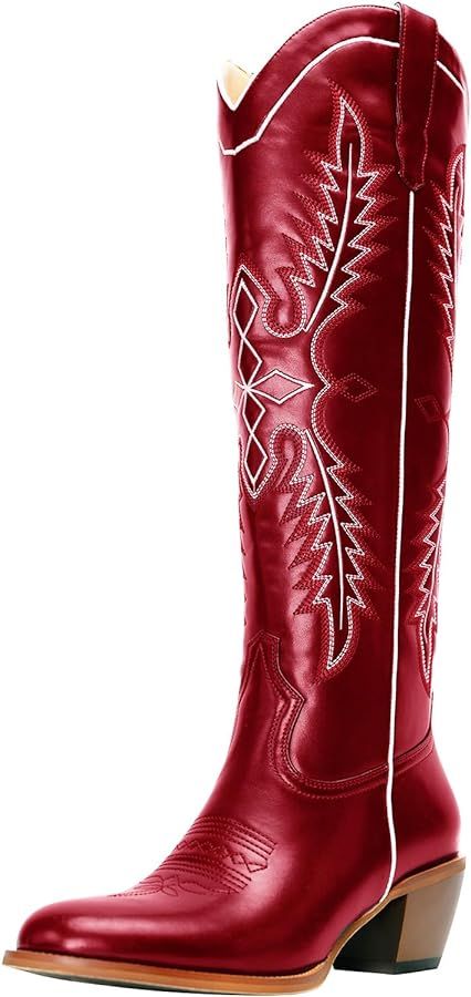 Embroidered Cowboy Boots for Women Red Cowgirl Boots Wide Calf Knee High Boots Pull on Round Toe ... | Amazon (US)