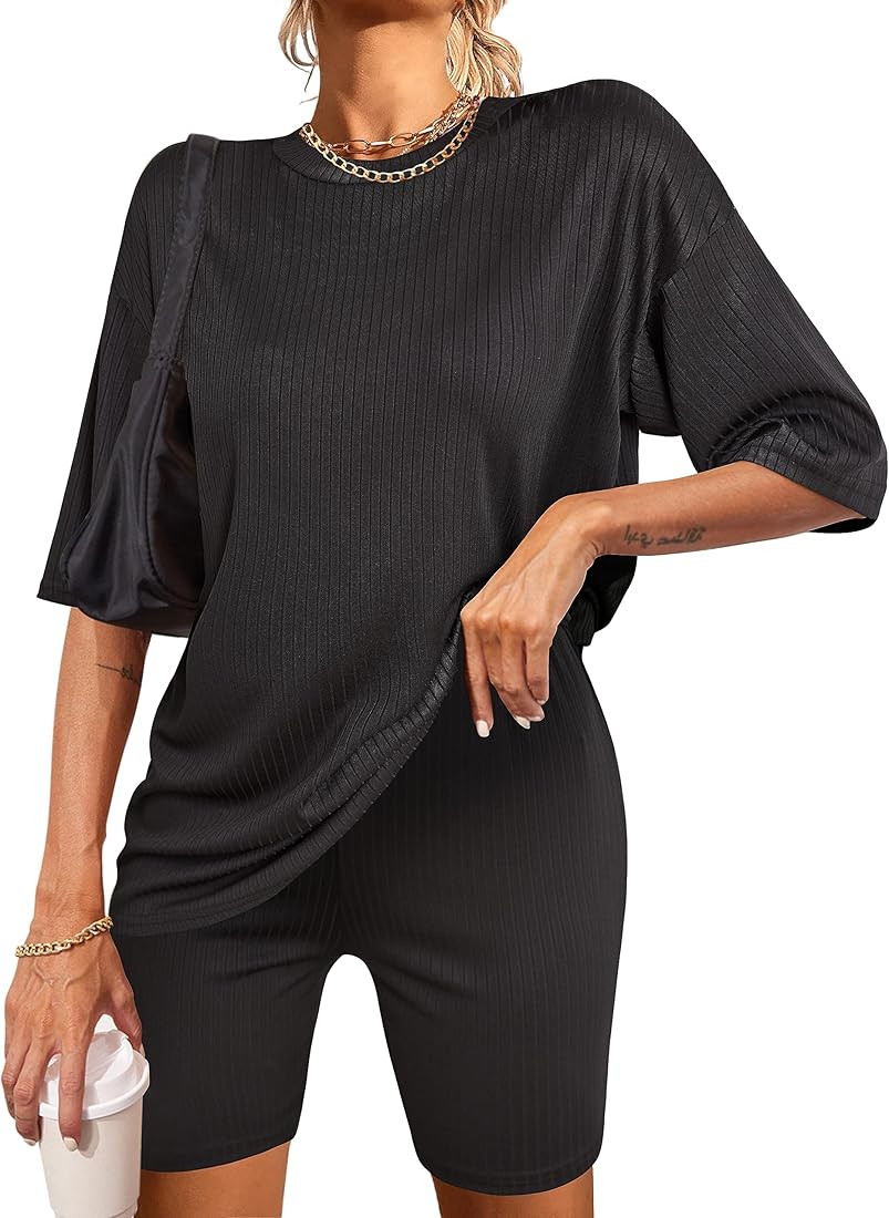 Ekouaer Pajamas 2 Piece Lounge Sets Ribbed Knit Matching Outfits T-shirt Biker Shorts Sleepwear L... | Amazon (US)