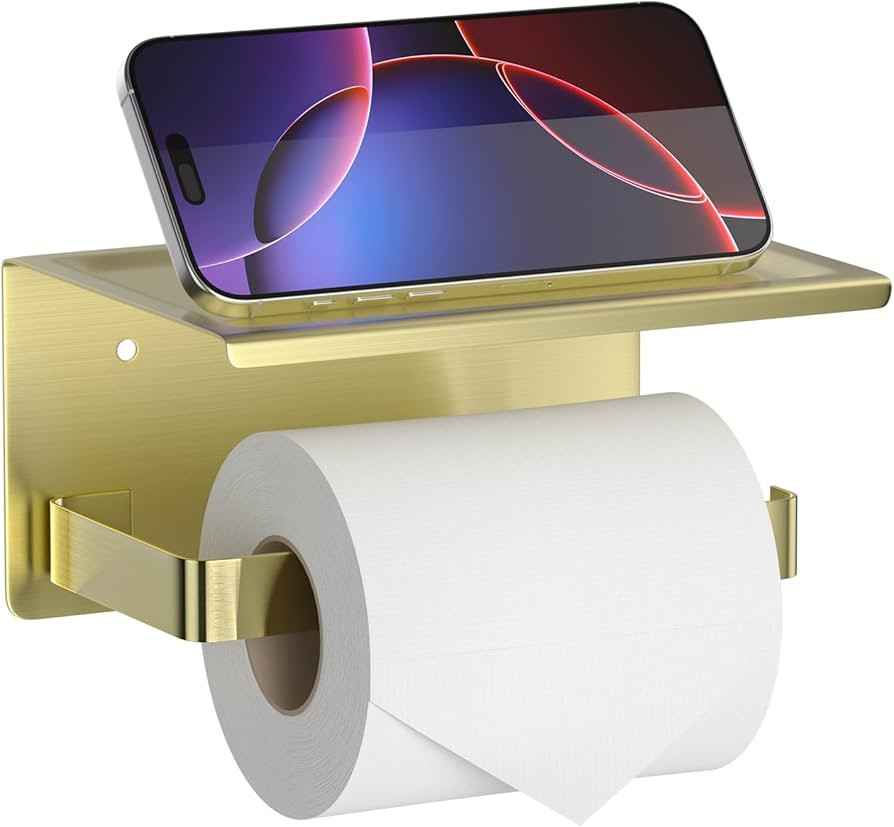 HITSLAM Gold Toilet Paper Holder with Phone Shelf, Adhesive or Screw Wall Mount Toilet Paper Roll... | Amazon (US)