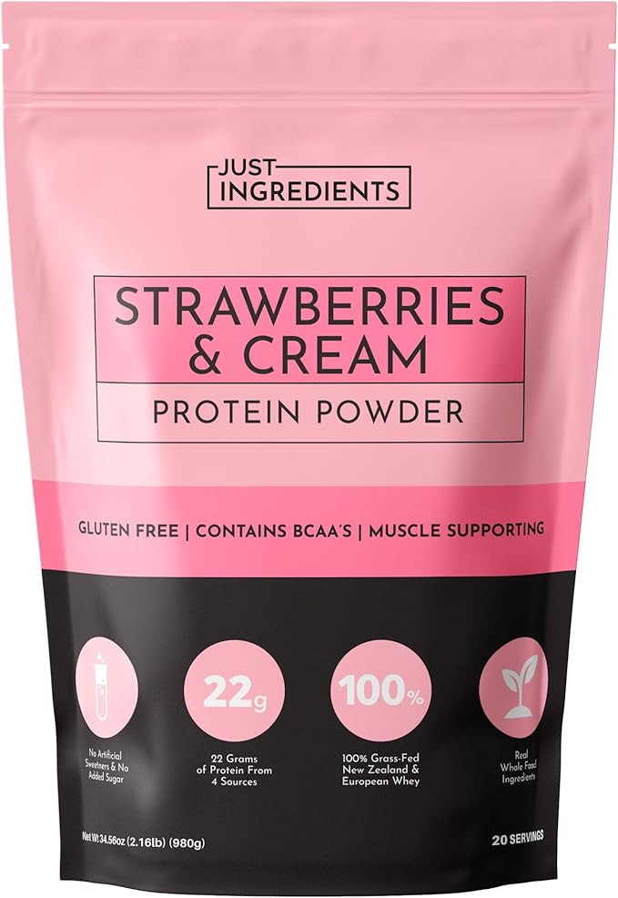 JUST INGREDIENTS Strawberries & Cream Protein Powder – 20-Serving Blend with 100% Grass-Fed Whe... | Amazon (US)
