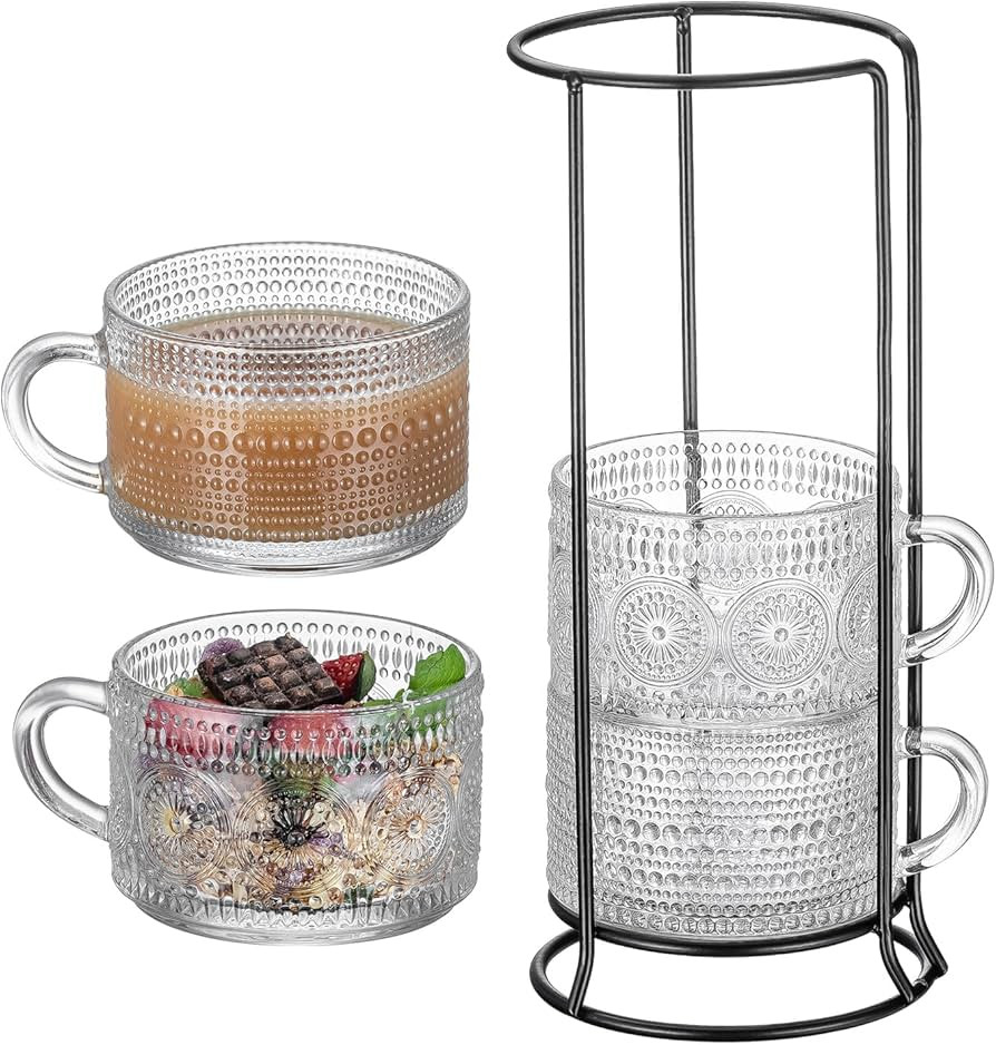 Buaic Vintage Coffee Mugs With Stand, 14 oz Stackable Coffee Cups Set of 4 Overnight Oats Contain... | Amazon (US)