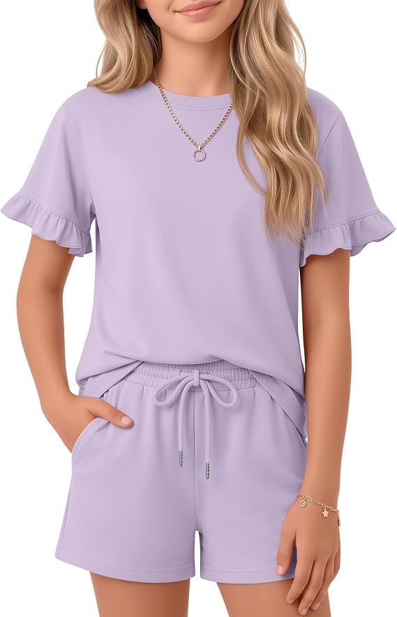 Girls 2 Piece Summer Outfits 5-14 Years Ruffle Sleeve Top and Shorts Sets Tween Matching Sets for... | Amazon (US)