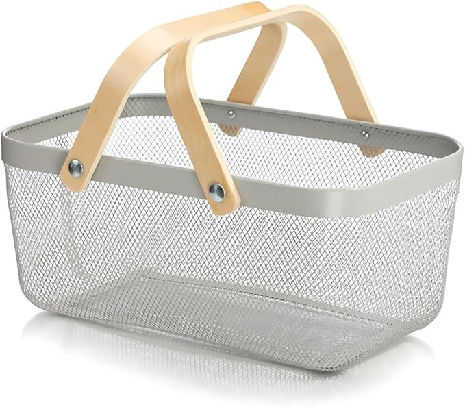 Wire Mesh Storage Organizer Basket Portable Garden Harvest Basket Fruit Basket Bin with Wood Hand... | Amazon (US)