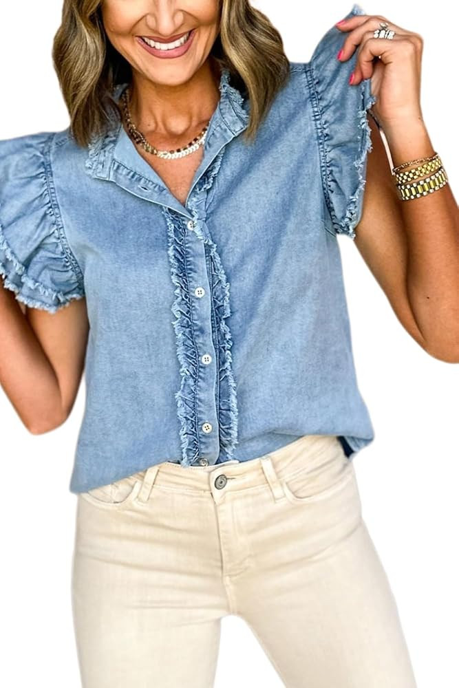 Chvity Summer Women's Button Down Denim Tops Ruffled Flutter Sleeve Blouse V Neck Casual Shirt To... | Amazon (US)