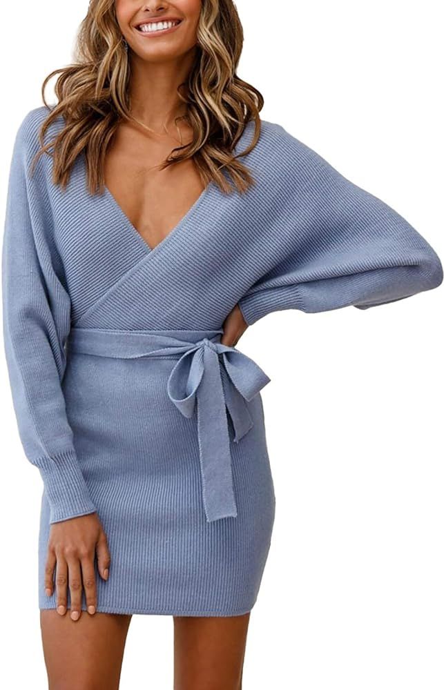 Linsery Women's Wrap V Neck Long Sleeve Tie Waist Cocktail Mini Sweater Dress | Amazon (US)