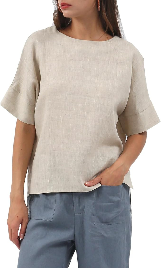 Amazhiyu Womens 100% Linen Tops Crewneck Short Sleeve Blouses Casual Summer | Amazon (US)