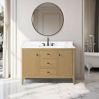 48 in. W x 22 in D x 38 in. H Single Sink Bath Vanity Cabinet in Linear Natural Oak with White Engineered Marble Top | The Home Depot