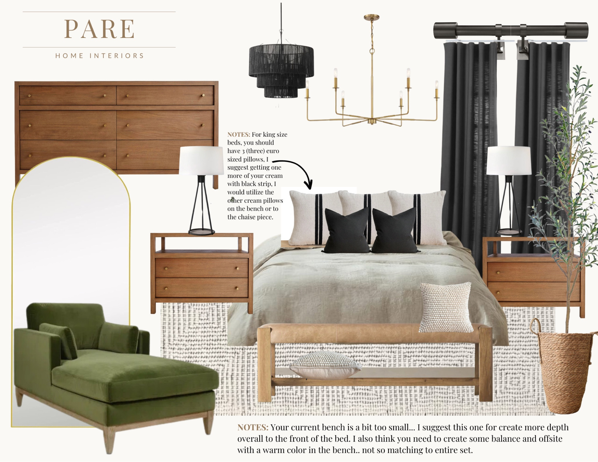 Transitional primary bedroom with black curtains and warm linens. Gold chandelier and warm wood tones balance this space. 

#LTKstyletip #LTKhome