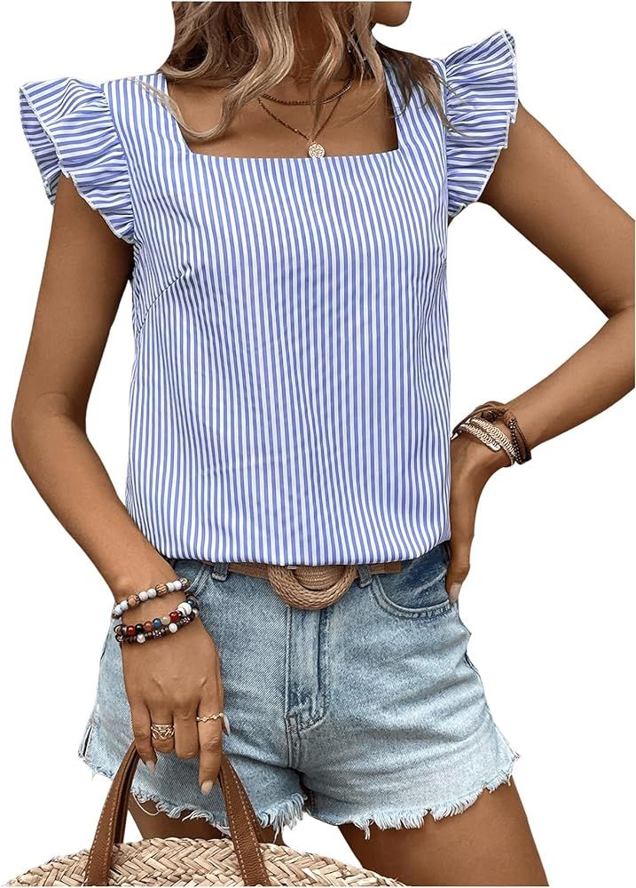 SweatyRocks Women's Summer Square Neck Striped Shirt Casual Ruffle Cap Sleeve Blouse Tank Top | Amazon (US)