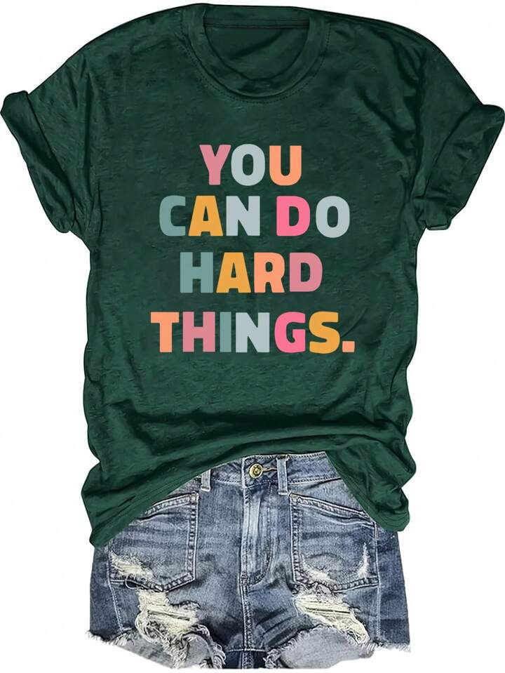 SHEIN LUNE Women's Slogan Print Round Neck Short Sleeve T-Shirt | SHEIN USA | SHEIN