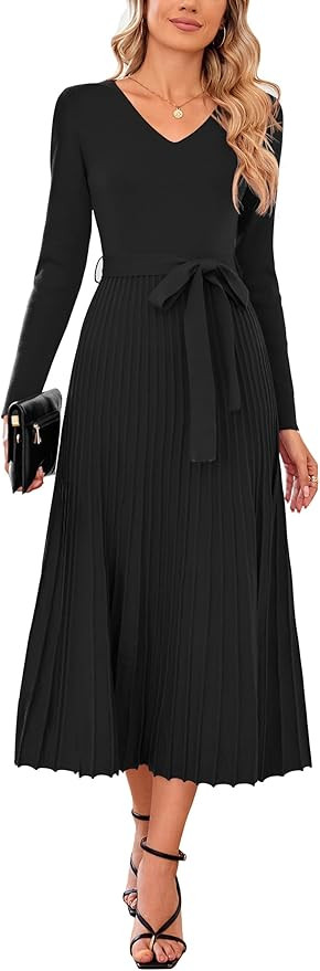 Arach&Cloz 2024 Fall Wool Blended Womens Long Sleeve V Neck Tie Waist Pleated A Line Ribbed Knit ... | Amazon (US)