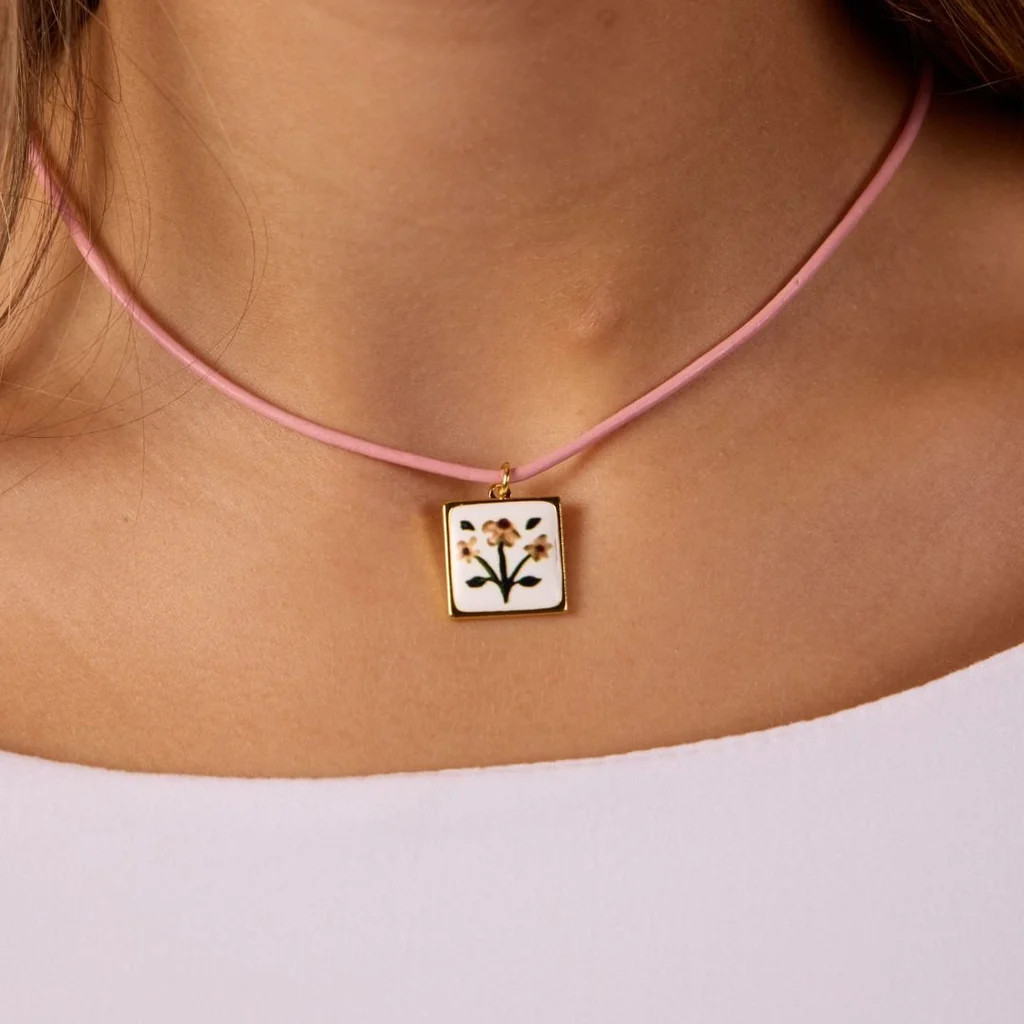 Square Flower Hand Painted Enamel Charm Necklace with Leather Cord | Nickel and Suede
