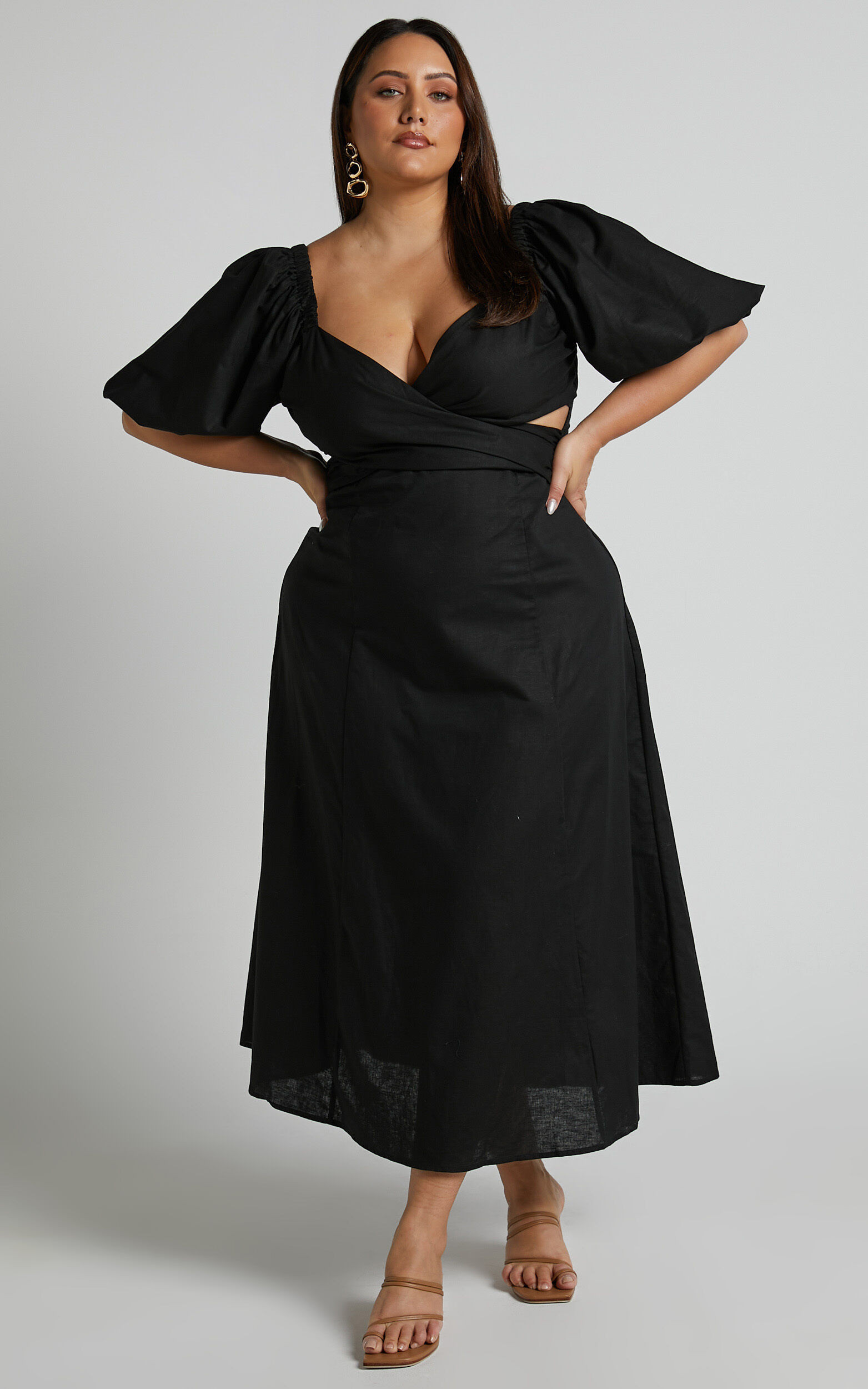Amalie The Label - Janae Linen Blend Puff Sleeve Cut Out Midi Dress in Black | Showpo (ANZ)