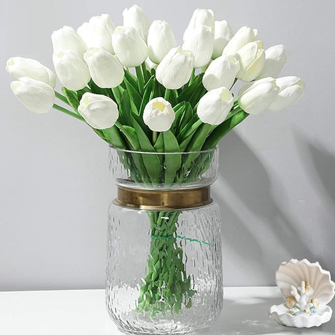 KOILLUXU Artificial Flowers 30pcs Bouquet 14" Tall Real Touch Tulips, White PU Fake Tulips Flower... | Amazon (US)