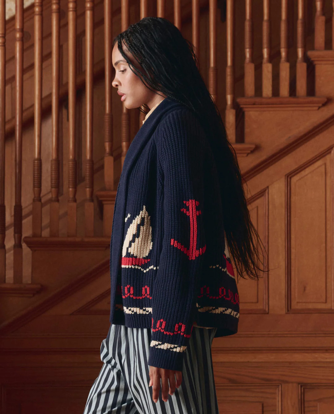 The Sailboat Lodge Cardigan. -- Dark Navy | THE GREAT.