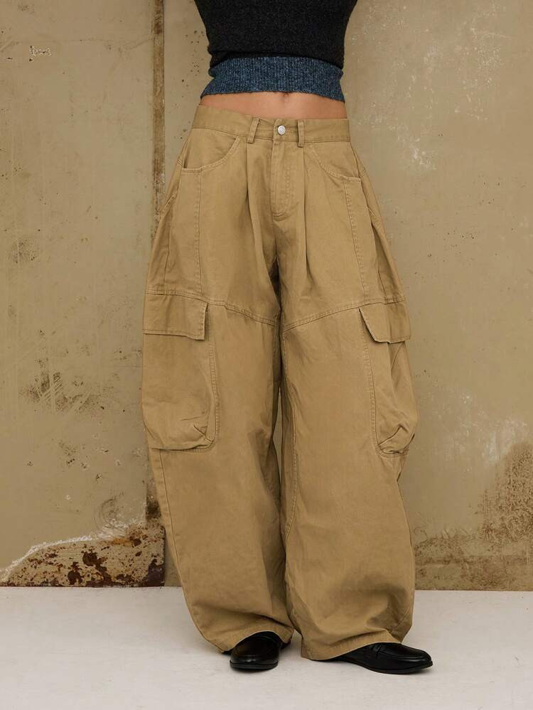 COUREZ Low Rise Baggy Balloon Cargo Trousers In Cotton Twill/ Y2K Fall Winter Clothes For Women Streetwear Baggy Oversized Bottoms Going Out Party New Years Outfit | SHEIN