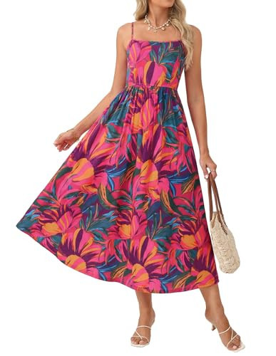 GRACE KARIN Summer Wedding Guest Dresses for Women 2026, Spaghetti Strap Beach Boho Maxi Dress,Flowy Floral Dress with Pocket Rose Blue Green L | Amazon (US)