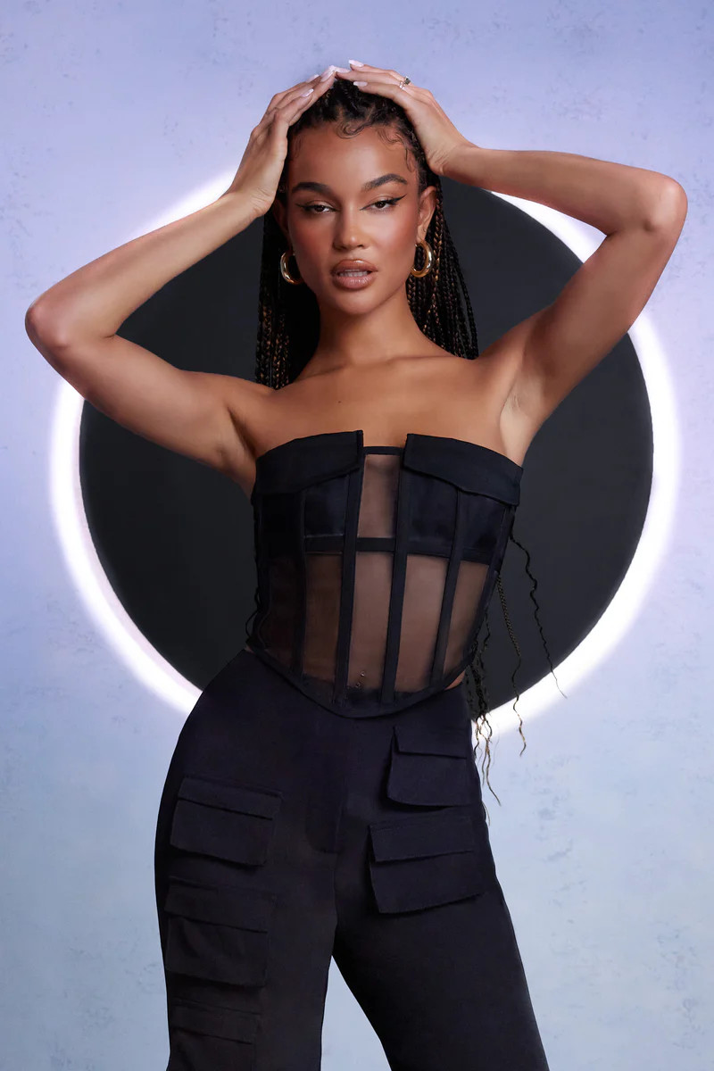 Put On Pause | Black Sheer Strapless Utility Pocket Corset Crop Top | Club L London