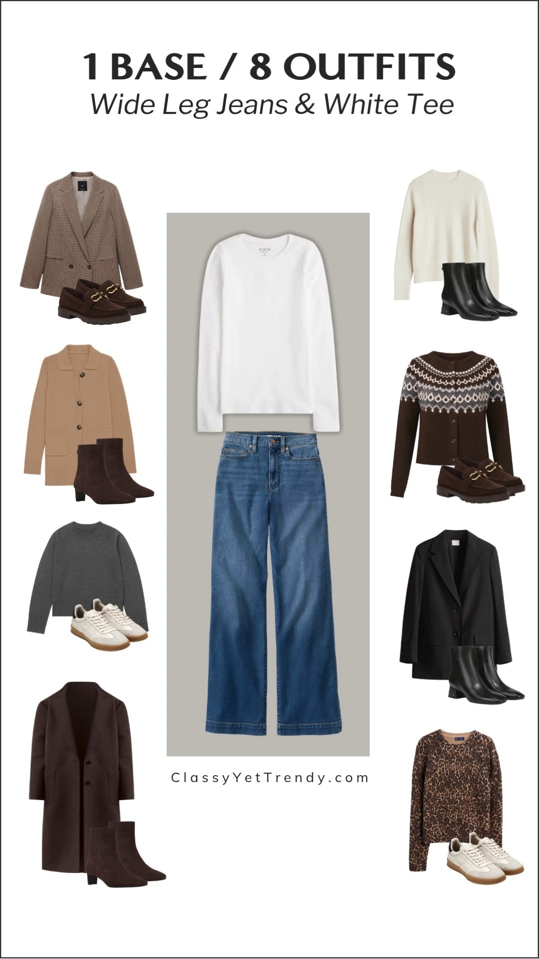 1 Base, 8 Outfits ✔️How to style wide leg jeans and a white long sleeve tee using different layers and shoes 🍂❄️ All clothes, shoes and accessories are in the Smart Elevated Casual Winter 2025 Capsule Wardrobe.

cardigan, chocolate brown coat, blazer, sweater, suede boots, black boots, suede court sneakers, loafers