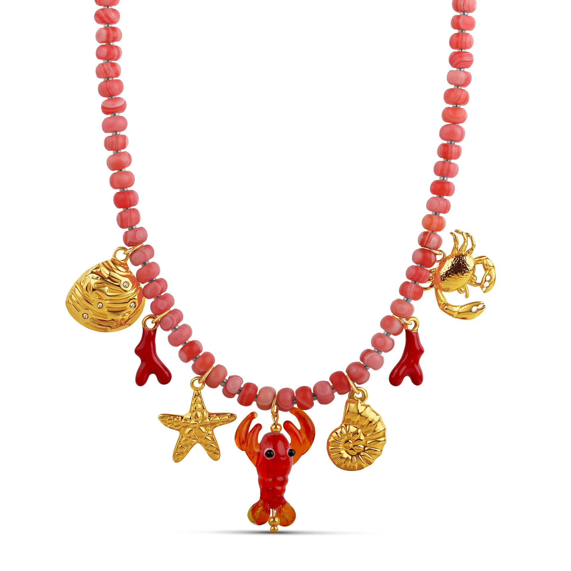 Coral Sea Life Charm Necklace - Lobster, Crab, Starfish & Shell 16" Wa | Hannah B Jewelry