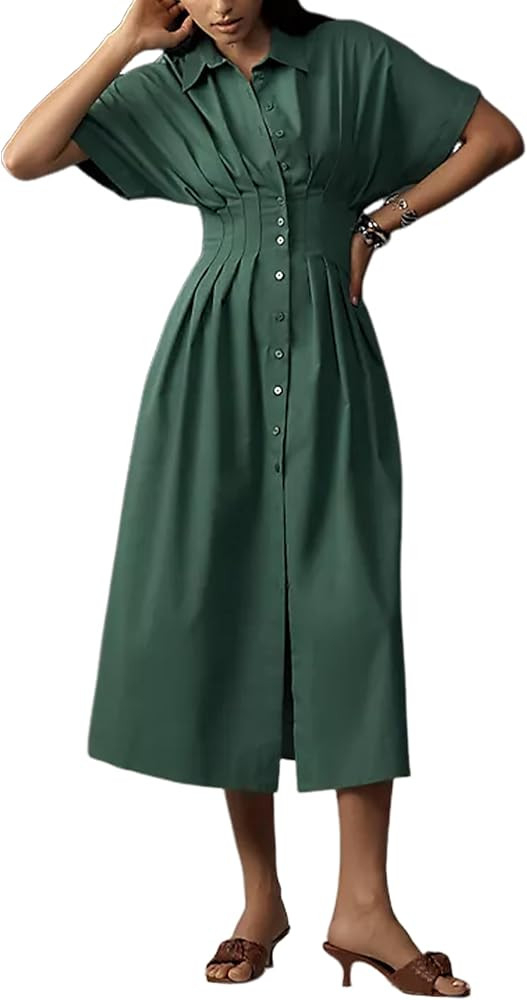 Yeokou Shirt Dress for Women Summer Casual Short Sleeve Button Down Loose Pleated Maxi Sundress w... | Amazon (US)