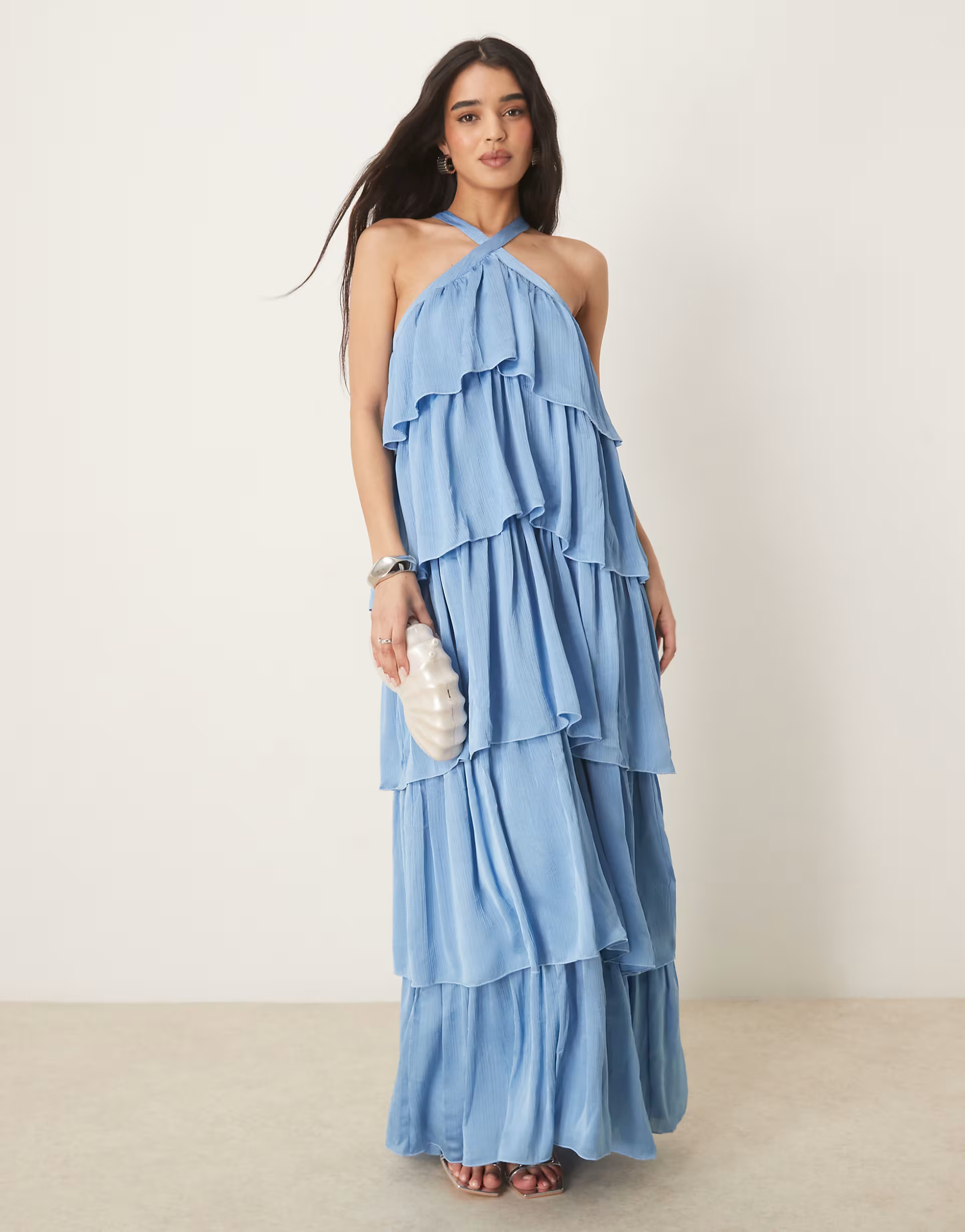 Vila halter neck tiered ruffle maxi dress in blissful blue | ASOS (Global)