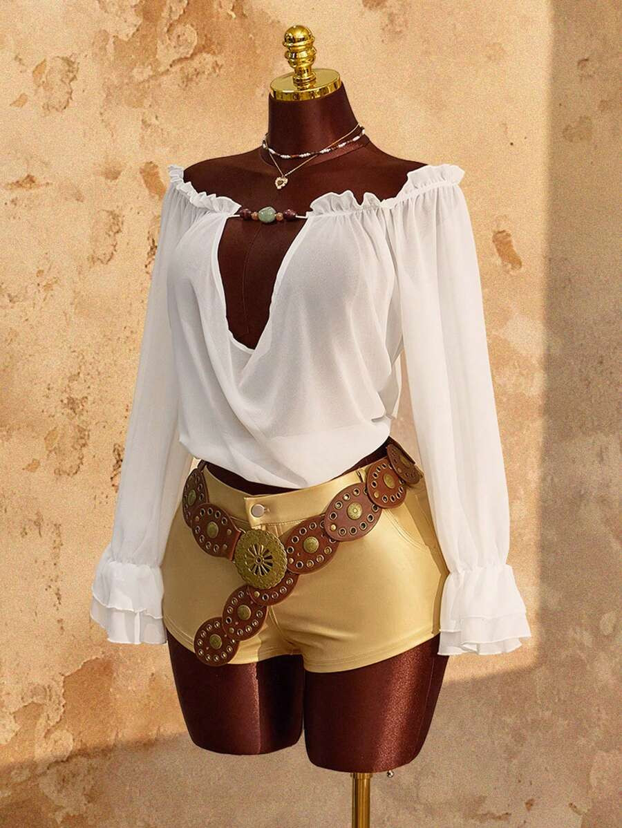 Amplova Women's Fashionable Sexy Solid Color Hollow Shoulder Blouse | SHEIN