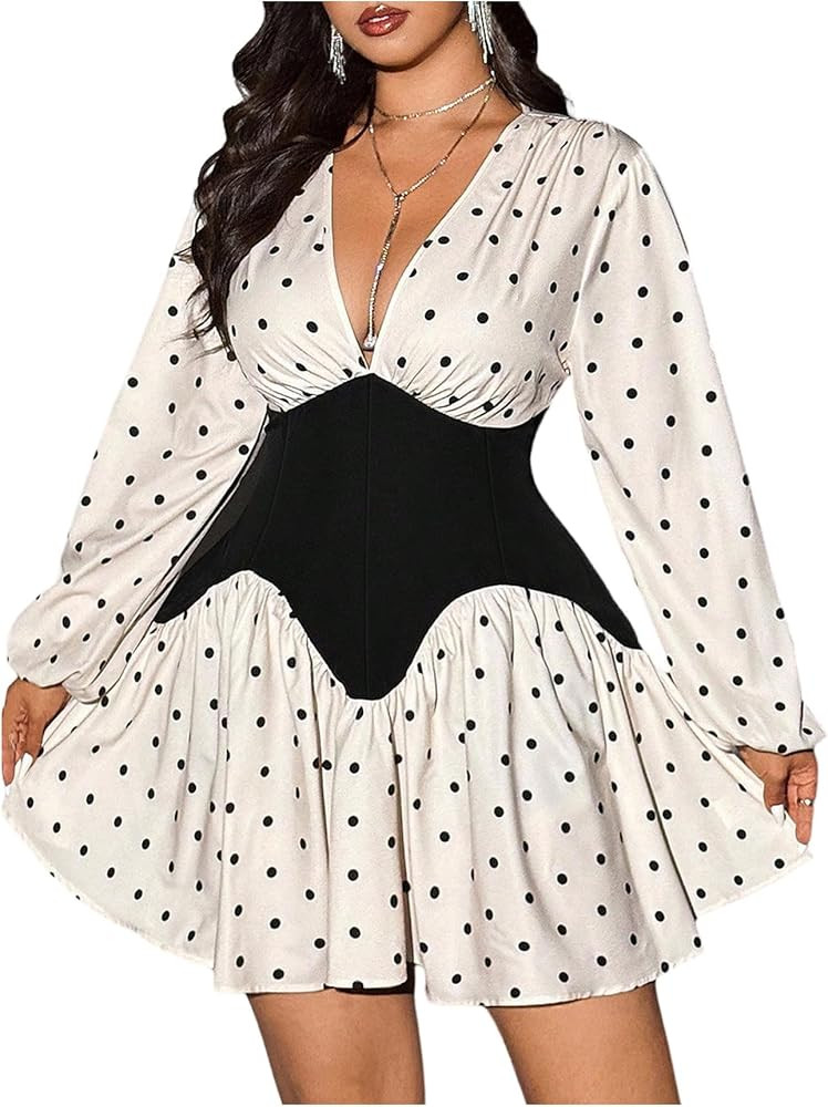 SweatyRocks Women's Plus Size Polka Dots Deep V Neck Short Dress Long Sleeve Cinched Waist A Line... | Amazon (US)