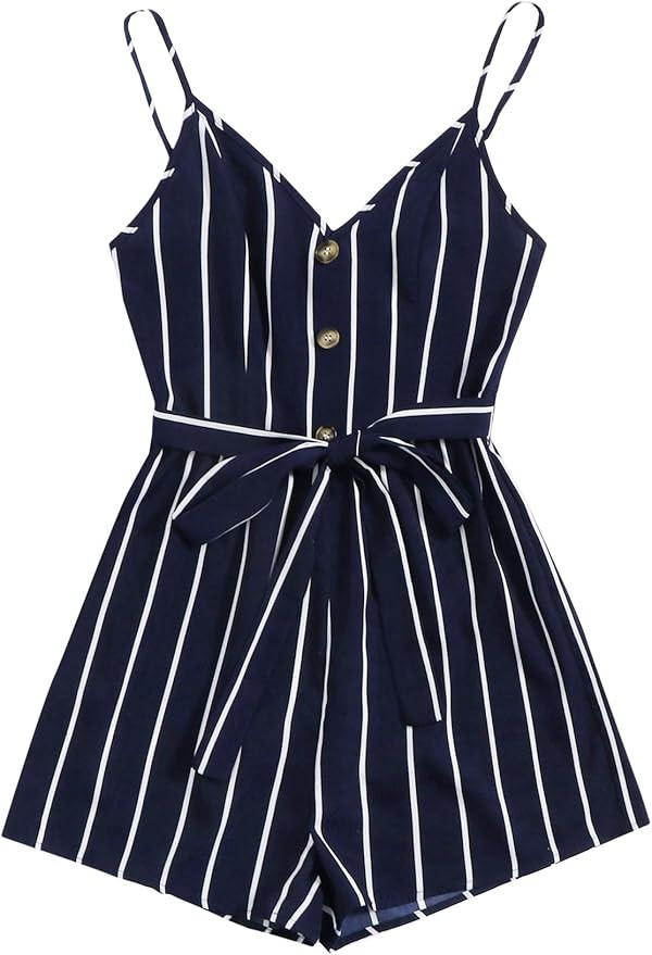 MakeMeChic Women's Casual Button Front Self Tie High Waist Cami Romper Jumpsuit | Amazon (US)