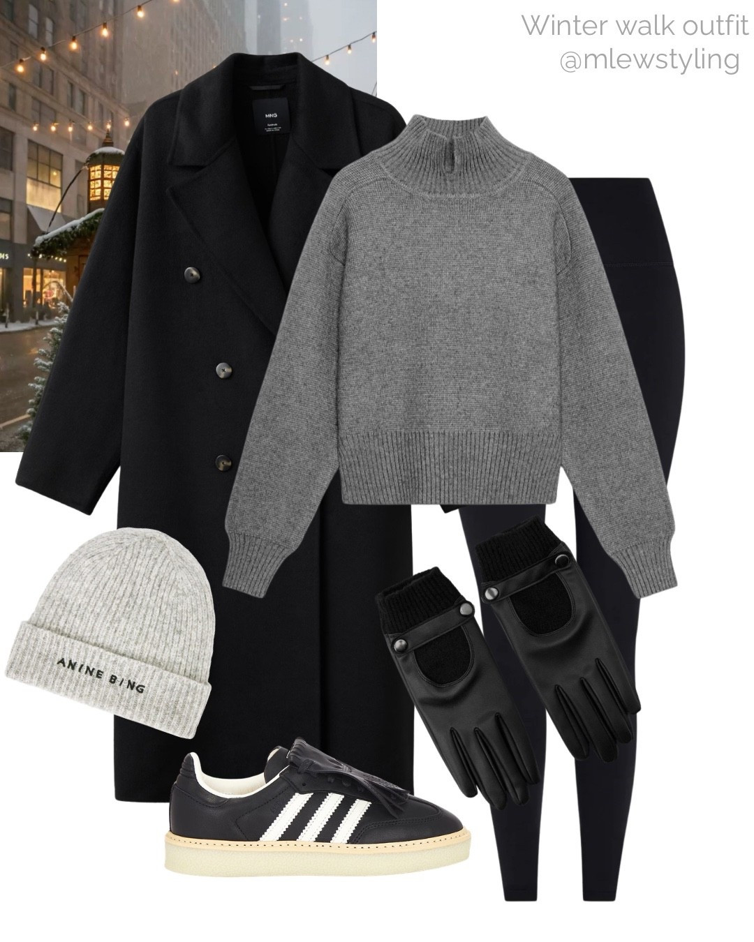 Winter walk outfit ❄️

Tags: mango black wool coat, Zara grey turtleneck sweater, Varley black leggings, leather gloves, anine bing beanie, adidas samba sneakers, neutral aesthetic, fall fashion, holiday outfit 

#LTKootd #LTKHoliday #LTKSeasonal