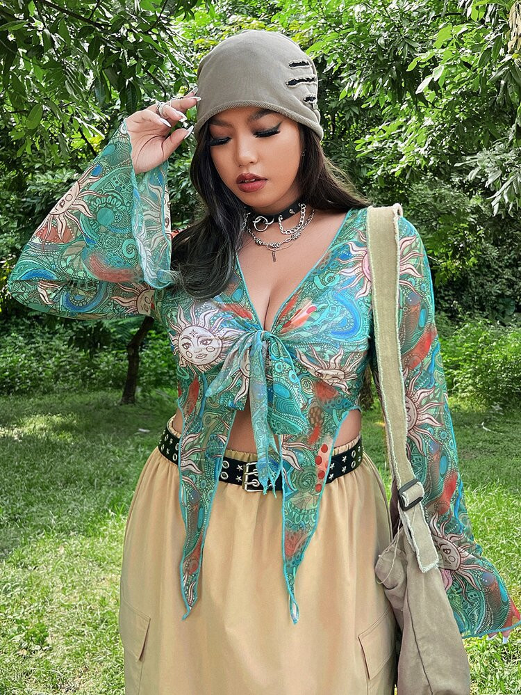 SHEIN Plus Sun & Paisley Print Tie Front Trumpet Sleeve Mesh Top | SHEIN