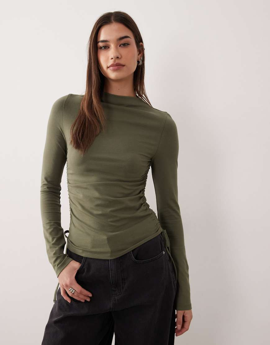 ASOS DESIGN ruched detail tie side high neck long sleeve top in olive-Green | ASOS (Global)