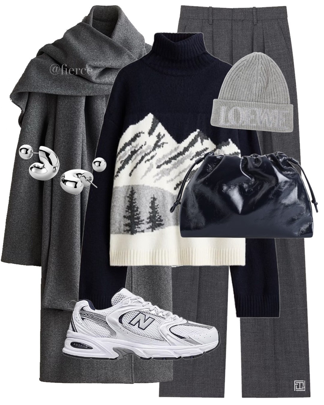 Grey scarf coat apres-ski jumper new balance 530 grey trousers Loewe grey beanie hat navy cloud bag casual comfy chic look 

#LTKwinter #LTKuk #LTKautumn