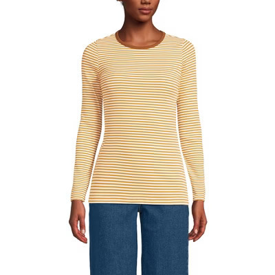 Lands' End Women's Long Sleeve Micro Rib T-Shirt - Large - Dijon Gold Tiny Stripe | Target