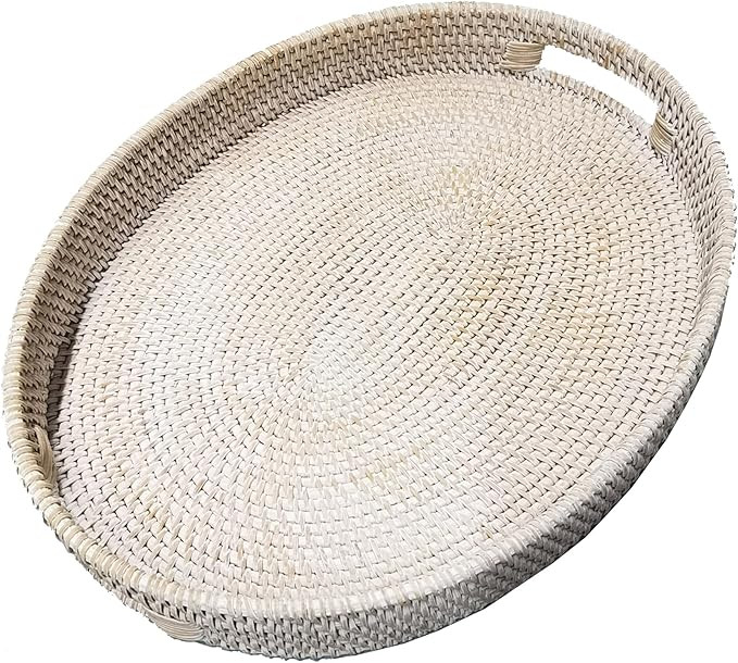 i-lan 17 Inch White Oval Rattan Extra Large Rattan Severing Tray Platter with Handle for Fruit,Br... | Amazon (US)