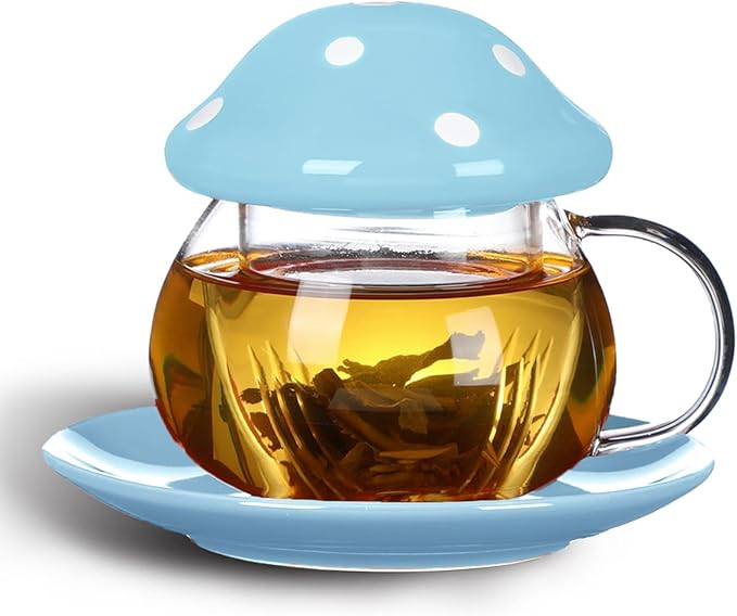 Mushroom Cup Cute Glass Tea Cup with Infuser and Lid Kawaii Mushroom Mug Set Coffee Teapot with C... | Amazon (US)