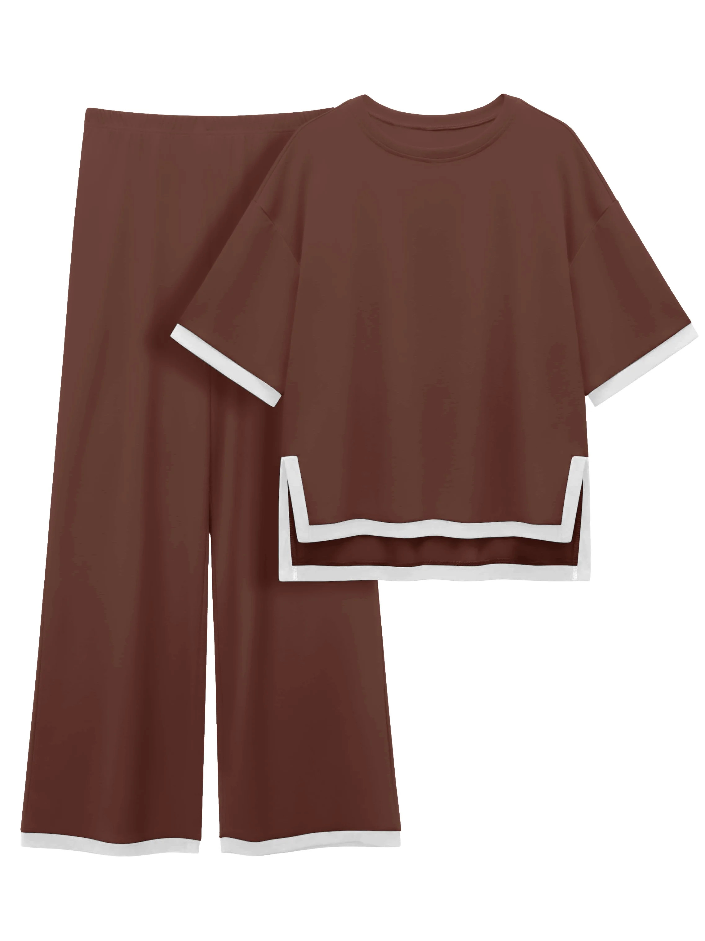 MINTREUS Women's Cotton 2-Piece Loungewear Short-Sleeve Round-Neck Pullover Top Wide-Leg Pants Wo... | Walmart (US)