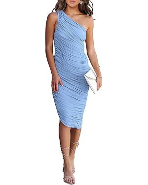 PRETTYGARDEN Women's Ruched Bodycon Dress 2024 Summer One Shoulder Sleeveless Party Cocktail Penc... | Amazon (US)