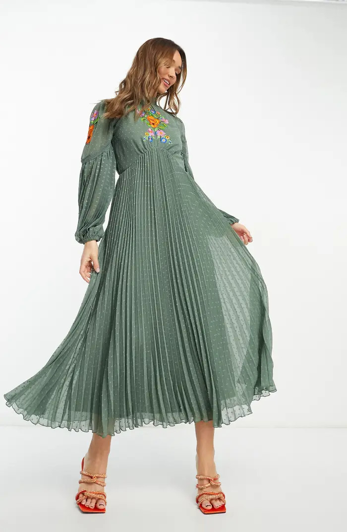Floral Embroidered Long Sleeve Chiffon Midi Dress | Nordstrom