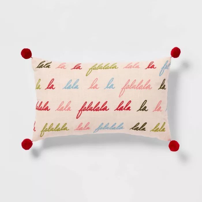 'Falala' Embroidered Lumbar Throw Pillow with Pom Poms Blush - Threshold™ | Target