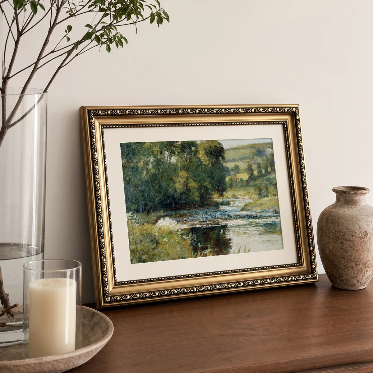 Vintage Gold Framed Wall Art, Nature Streamside Retro Paintings, Canvas Prints Artwork with Antiq... | Wayfair North America